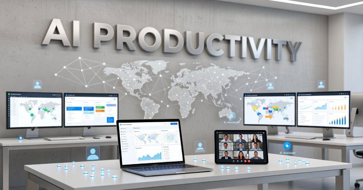Remote team collaborating using AI productivity tools on laptops and devices