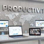Remote team collaborating using AI productivity tools on laptops and devices