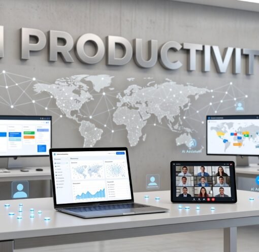 Remote team collaborating using AI productivity tools on laptops and devices