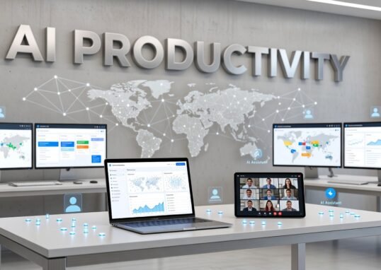 Remote team collaborating using AI productivity tools on laptops and devices