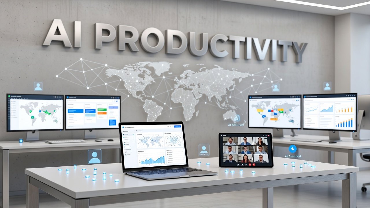 Remote team collaborating using AI productivity tools on laptops and devices