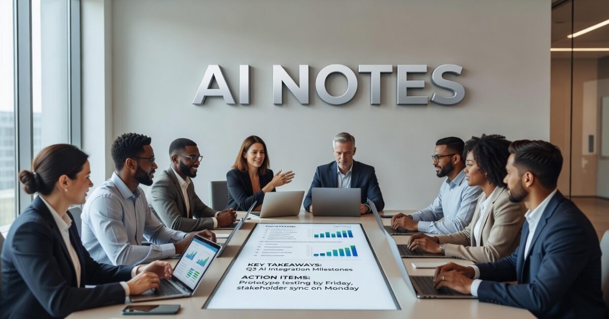 Professional using AI note-taking app during virtual meeting on laptop