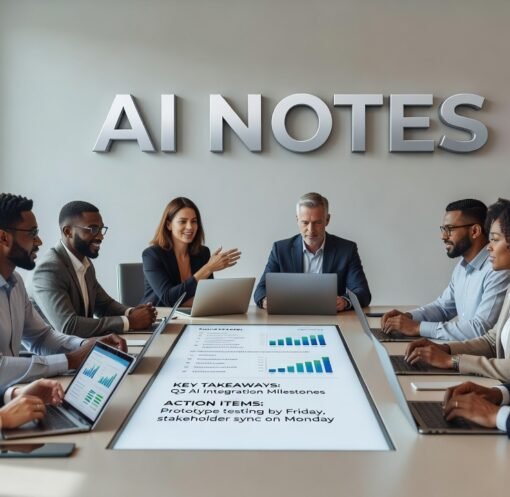 Professional using AI note-taking app during virtual meeting on laptop