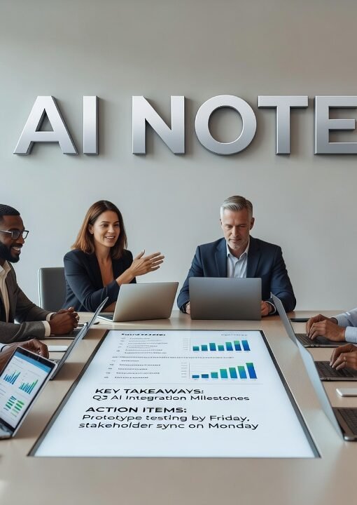 Professional using AI note-taking app during virtual meeting on laptop