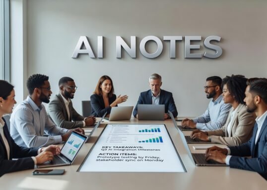 Professional using AI note-taking app during virtual meeting on laptop