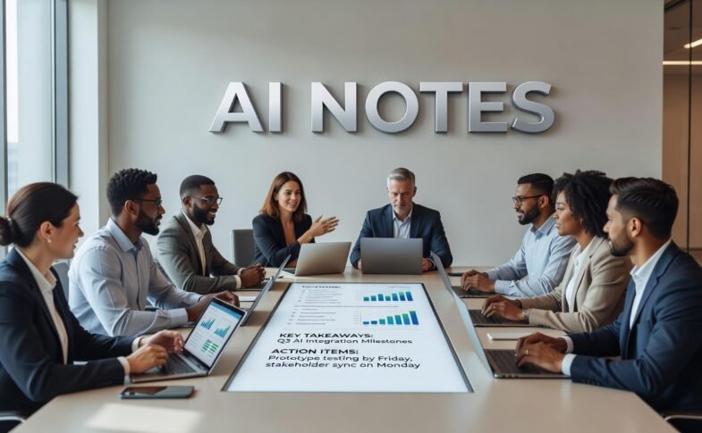 Professional using AI note-taking app during virtual meeting on laptop