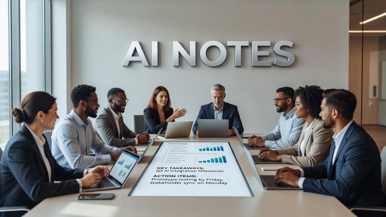 Professional using AI note-taking app during virtual meeting on laptop