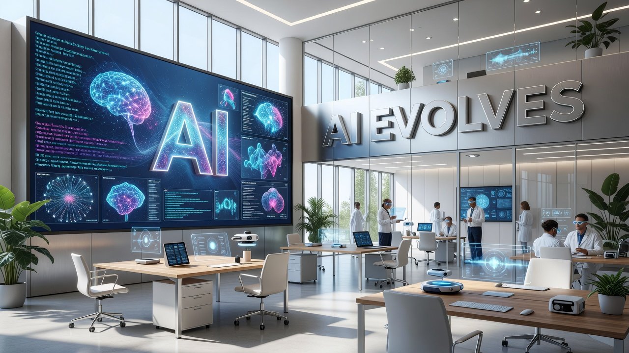 futuristic AI visualization showing multiple connected systems and interfaces