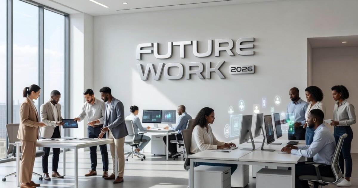 Professional working collaboratively with AI technology in modern office environment