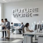 Professional working collaboratively with AI technology in modern office environment