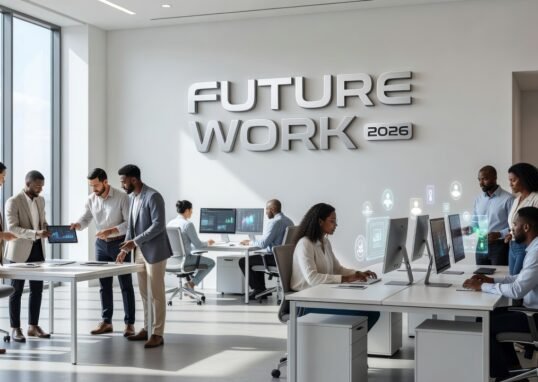Professional working collaboratively with AI technology in modern office environment