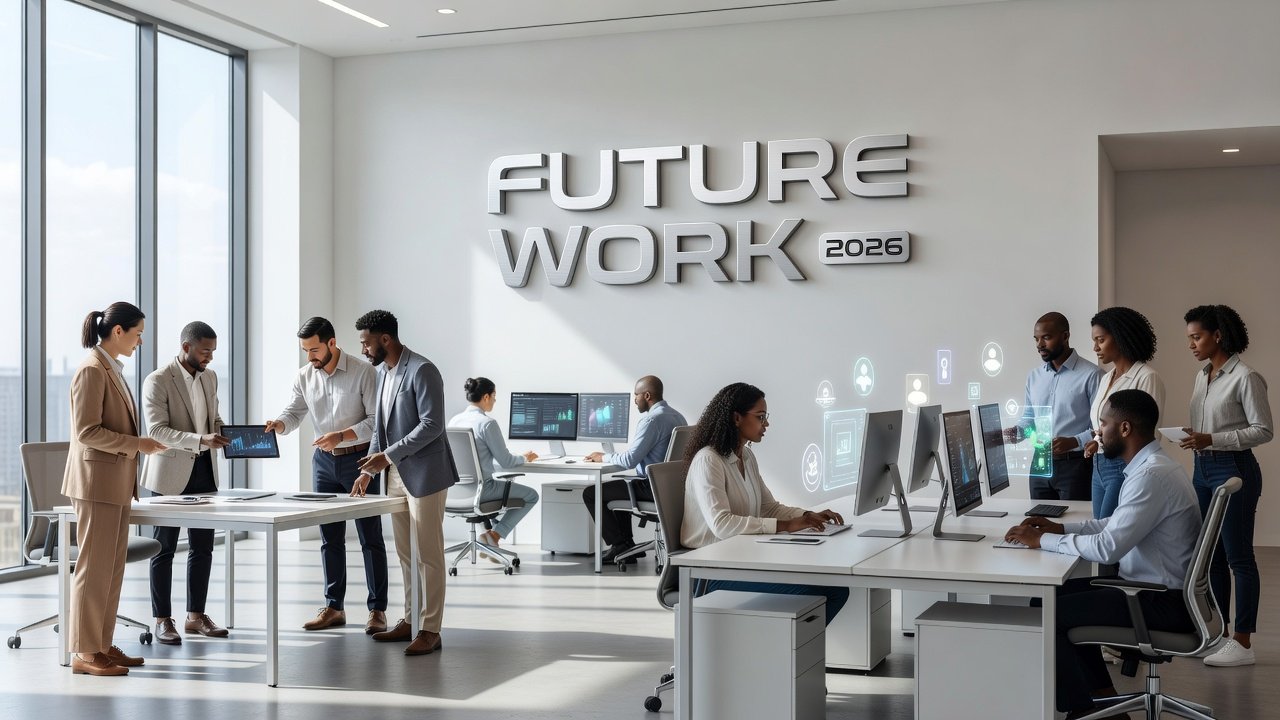 Professional working collaboratively with AI technology in modern office environment