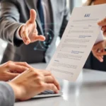 Job seeker reviewing resume on laptop with AI screening interface visible