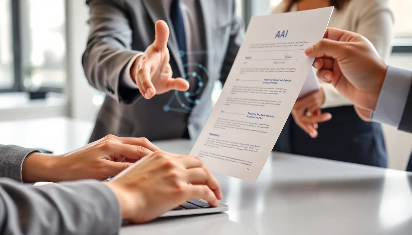 Job seeker reviewing resume on laptop with AI screening interface visible