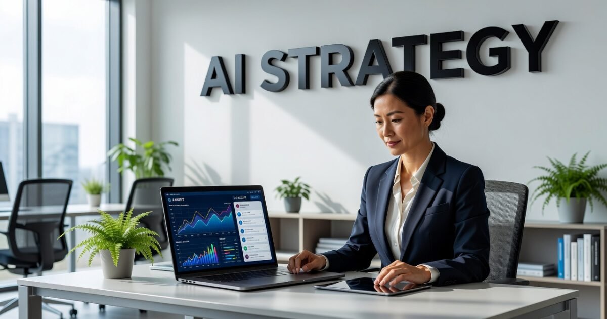 Small business owner working with AI technology on laptop