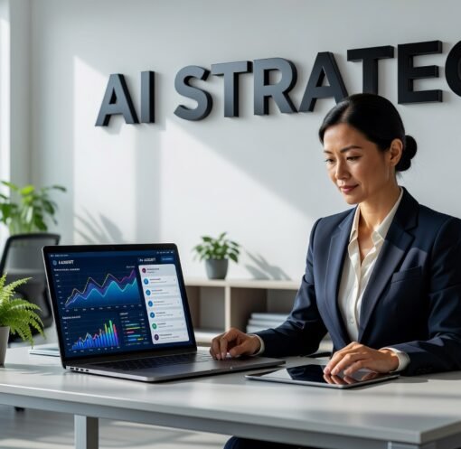 Small business owner working with AI technology on laptop