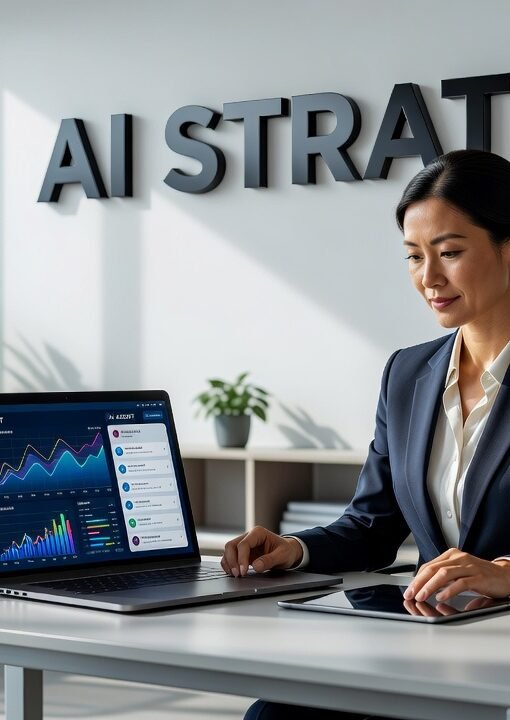 Small business owner working with AI technology on laptop