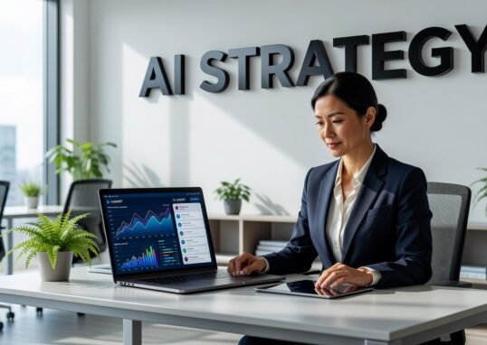 Small business owner working with AI technology on laptop