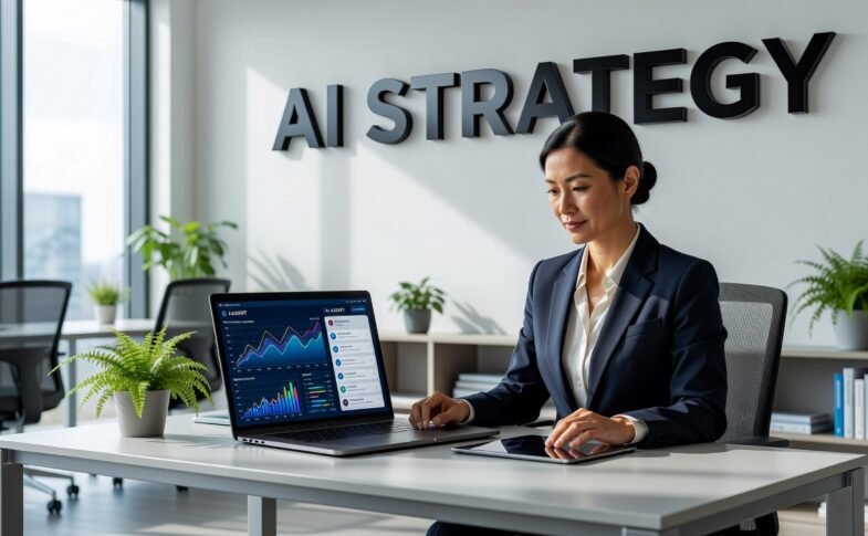 Small business owner working with AI technology on laptop