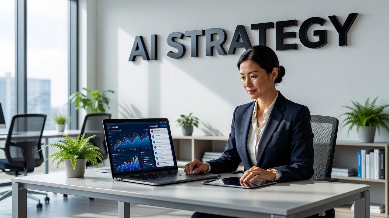 Small business owner working with AI technology on laptop