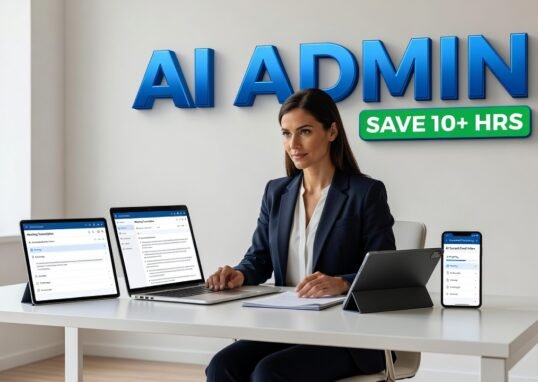 Professional using AI administrative tools on laptop to automate tasks and save time