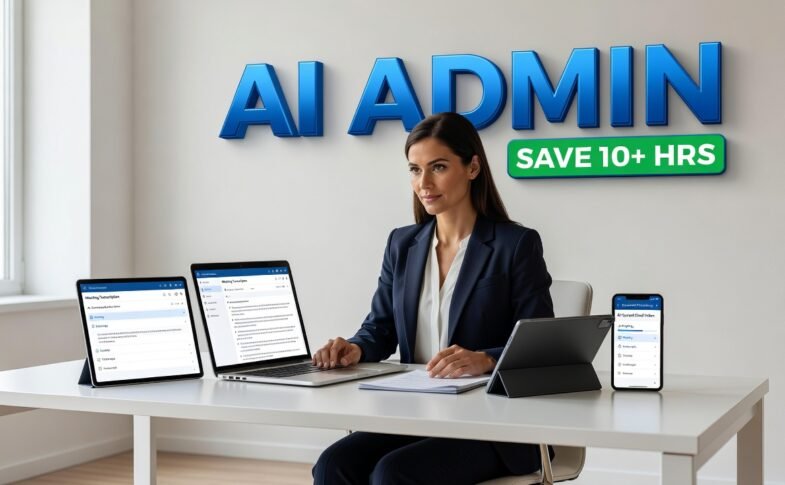 Professional using AI administrative tools on laptop to automate tasks and save time