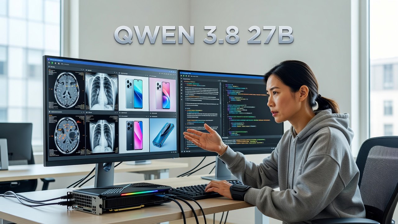 Alibaba Qwen 3.8 27B multimodal AI model architecture diagram with vision encoder and extended context window
