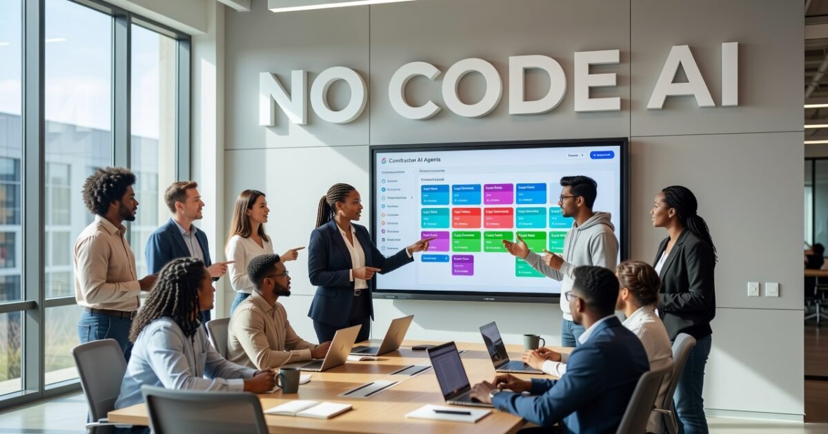 Visual interface showing no-code AI agent builder with drag-and-drop workflow components