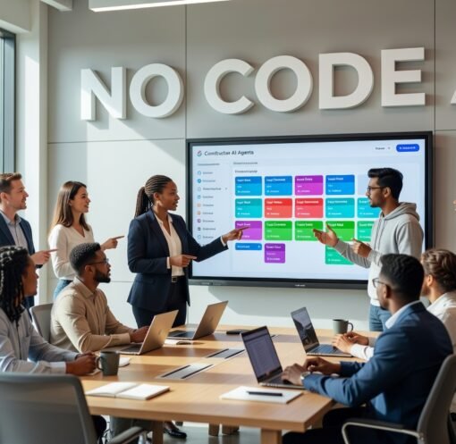 Visual interface showing no-code AI agent builder with drag-and-drop workflow components