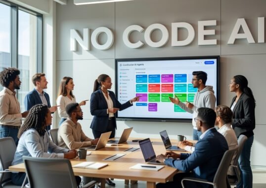 Visual interface showing no-code AI agent builder with drag-and-drop workflow components