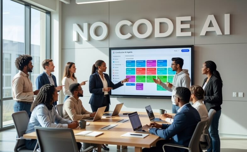 Visual interface showing no-code AI agent builder with drag-and-drop workflow components