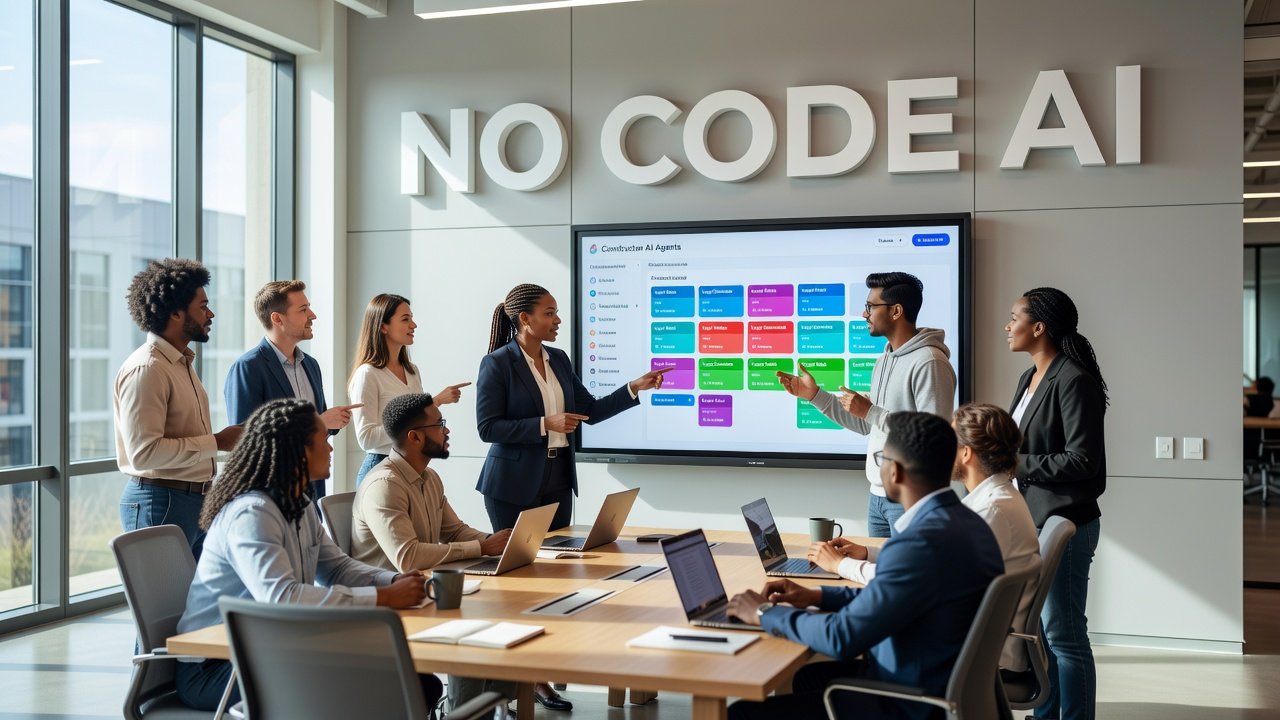Visual interface showing no-code AI agent builder with drag-and-drop workflow components