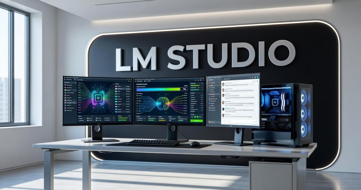 Desktop computer running LM Studio with local AI model interface displayed on screen