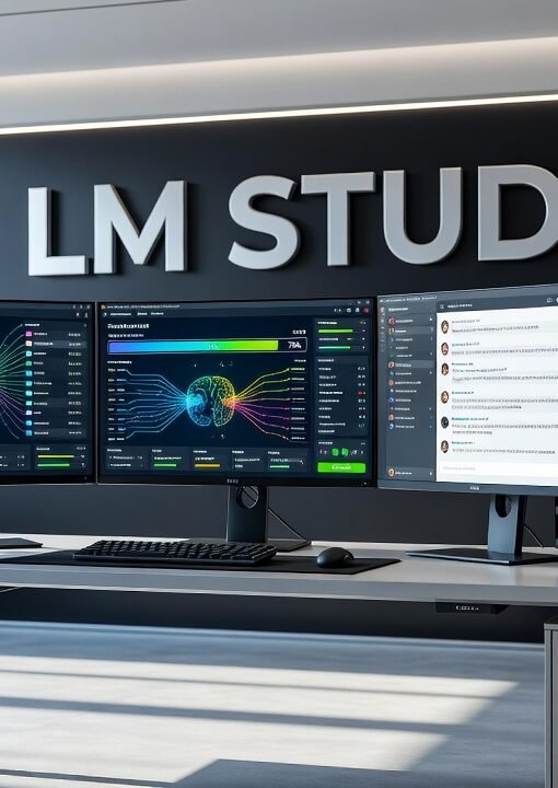 Desktop computer running LM Studio with local AI model interface displayed on screen