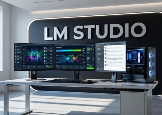 Desktop computer running LM Studio with local AI model interface displayed on screen