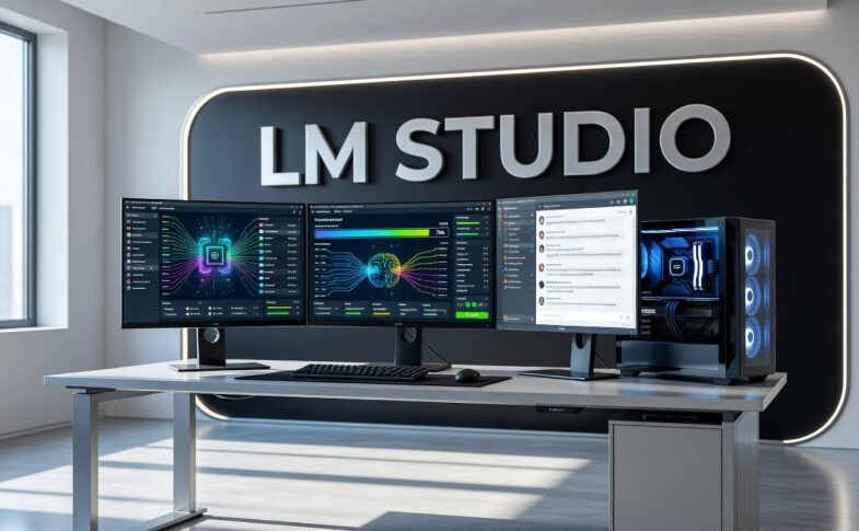 Desktop computer running LM Studio with local AI model interface displayed on screen