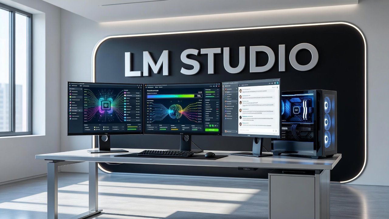 Desktop computer running LM Studio with local AI model interface displayed on screen