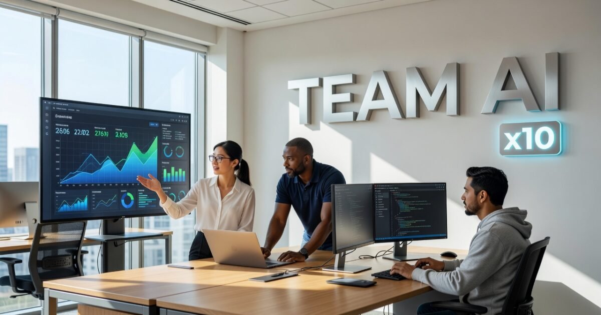 Small team collaborating with AI tools to boost productivity