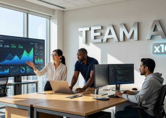 Small team collaborating with AI tools to boost productivity
