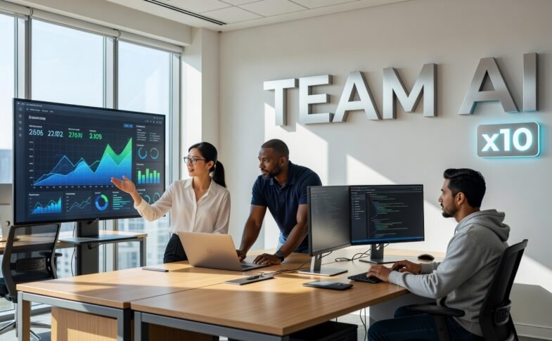 Small team collaborating with AI tools to boost productivity