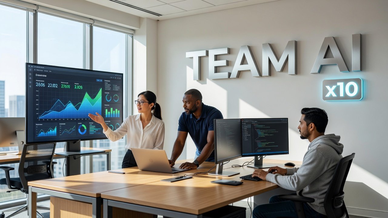 Small team collaborating with AI tools to boost productivity