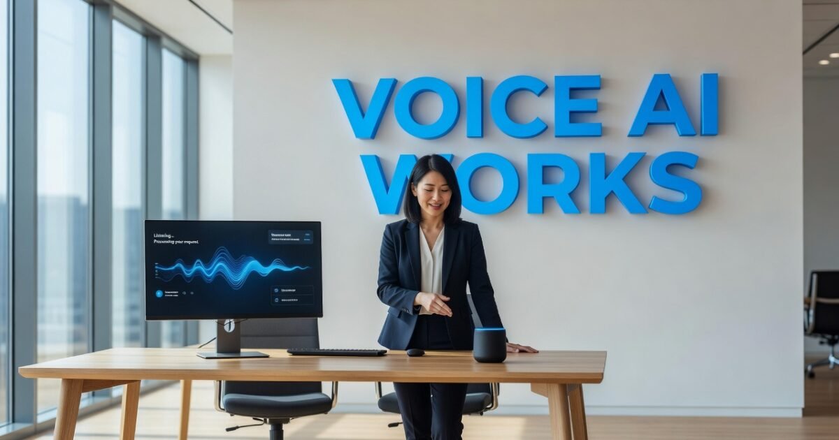 Modern voice AI interface showing real-time speech recognition and response