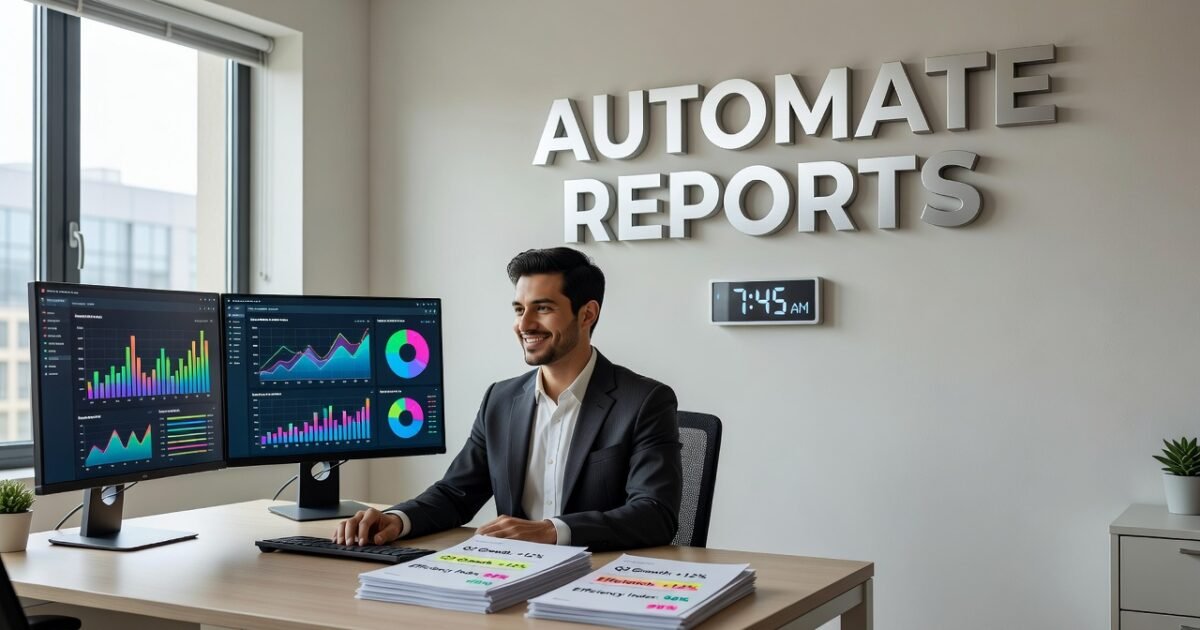 Team reviewing automated AI-generated weekly report dashboard on laptop screen