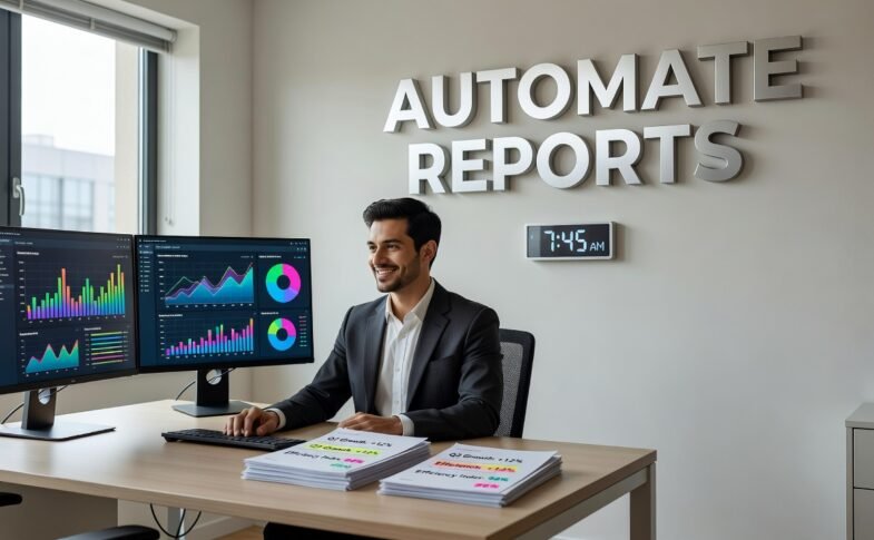 Team reviewing automated AI-generated weekly report dashboard on laptop screen
