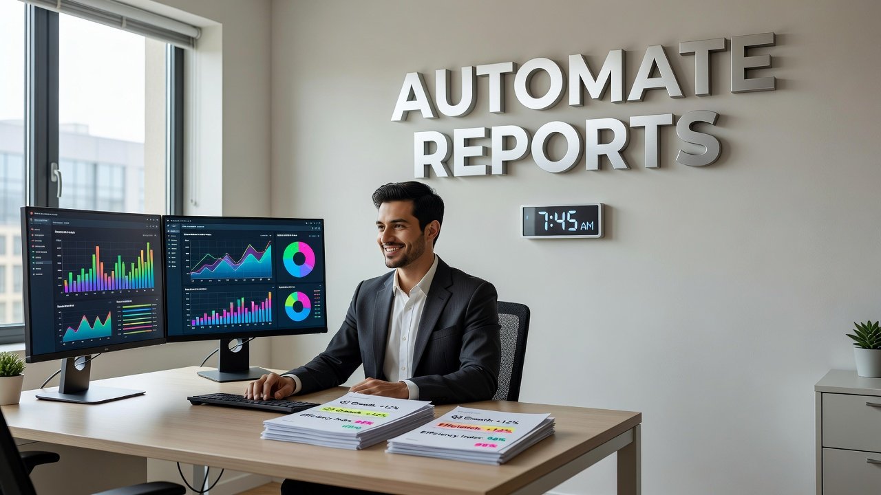 Team reviewing automated AI-generated weekly report dashboard on laptop screen