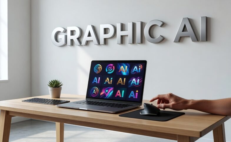 AI-generated graphic design interface transforming text prompt into visual artwork