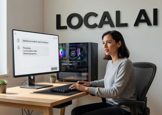 Computer setup running local AI models with hardware components visible