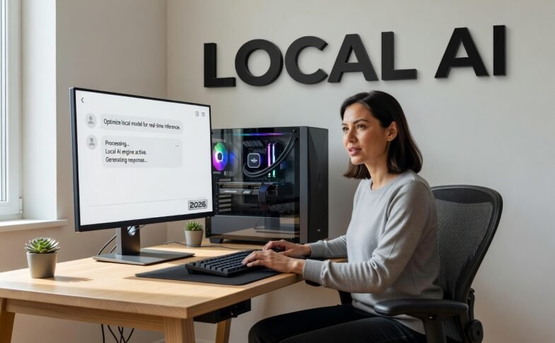 Computer setup running local AI models with hardware components visible