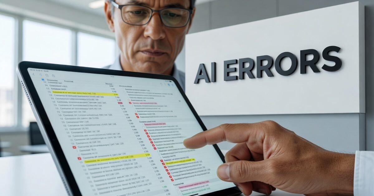 person reviewing AI-generated content on laptop screen with skeptical expression