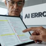 person reviewing AI-generated content on laptop screen with skeptical expression